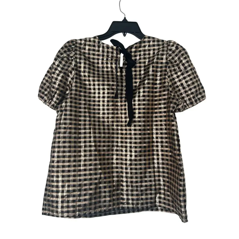 J. Crew Women’s Metallic Black and Gold Gingham Puff Sleeve Lined Top Size M